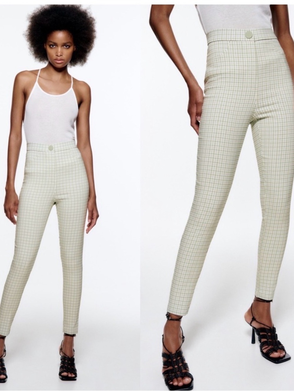 Zara High-Rise Plaid Slim Pants - Light Green